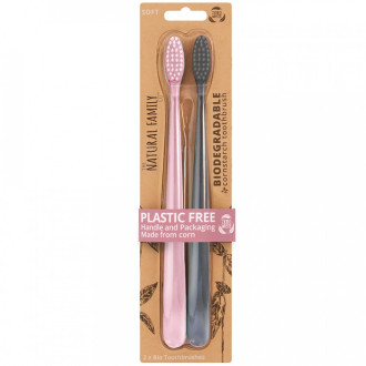 BIO Zubní kartáček The Natural Family co. - Soft 2ks, růžová a šedá BIO Zubní kartáček The Natural Family co. - Soft 2ks, růžová a šedá