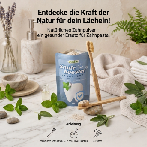 SmileBOOSTER Natürliches Zahnpulver für Reinigung (60g) + Dose aus Maisstärke
