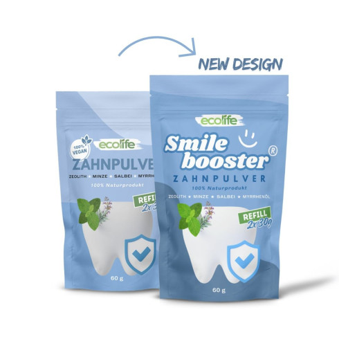 SmileBOOSTER Natürliches Zahnpulver für Reinigung (60g) + Dose aus Maisstärke