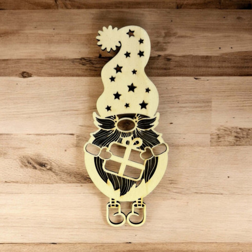 Drevená ozdoba - Veľký Trpaslík s darčekom 20 x 8,5cm