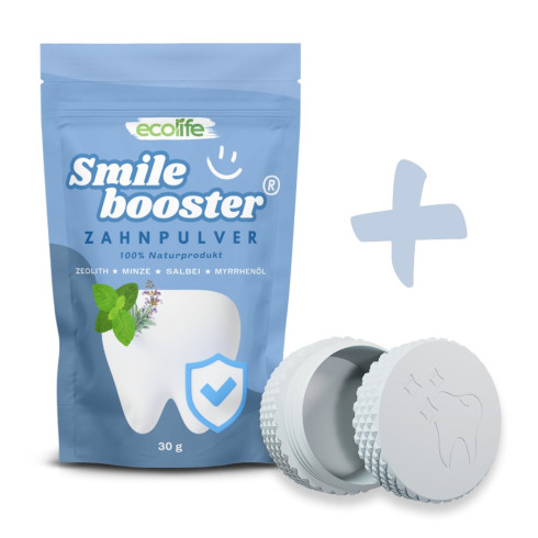 SmileBOOSTER Přírodní prášek na čištění zubů (30g) + Eko pouzdro z kukuřičného škrobu