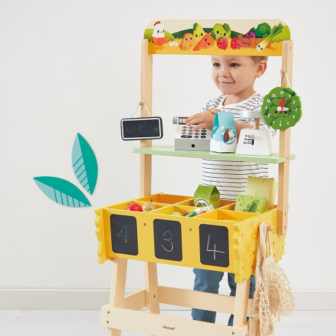 Dřevěný obchod Farma s pokladnou váhou ovocem a zeleninou