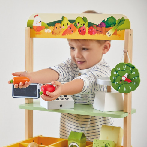 Dřevěný obchod Farma s pokladnou váhou ovocem a zeleninou