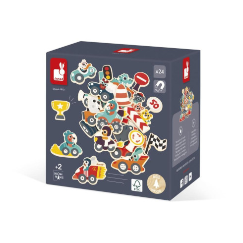 Janod Dřevěné magnetky - Autá 24ks