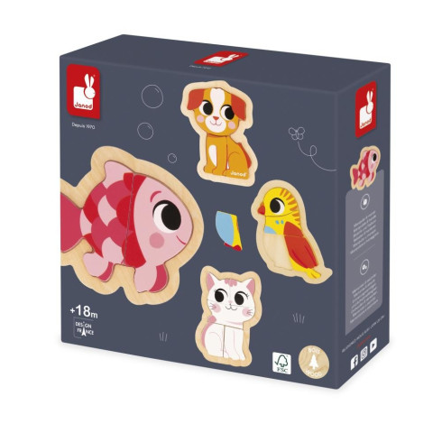 Janod Dřevěné vkládací puzzle pro děti - Domácí mazlíčci 4v1