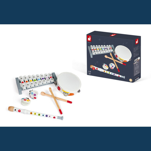 Janod Hudobná sada - Drevené hudobné nástroje Confetti flauta-tamburína-xylofón-kastanety