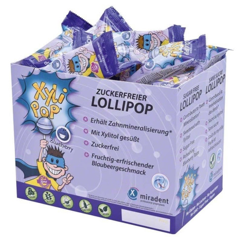 Miradent XyliPOP lízátko s xylitolem příchuť borůvka - Blueberry, 50ks x 6g