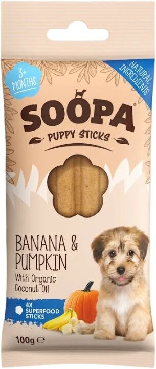 Dentální tyčinky Puppy s banánem a dýní, 100g Dentální tyčinky Puppy s banánem a dýní, 100g