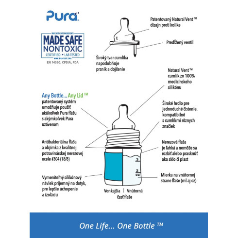 Pura  nerezová dojčenská fľaša - Aqua 150ml